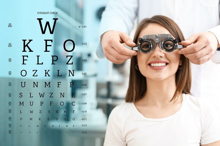 collage with eye test chart and ophthalmologist examining young woman in clinic